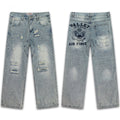 Vale Forever Light Blue Distressed Air Force Graphic Wide Leg Jeans